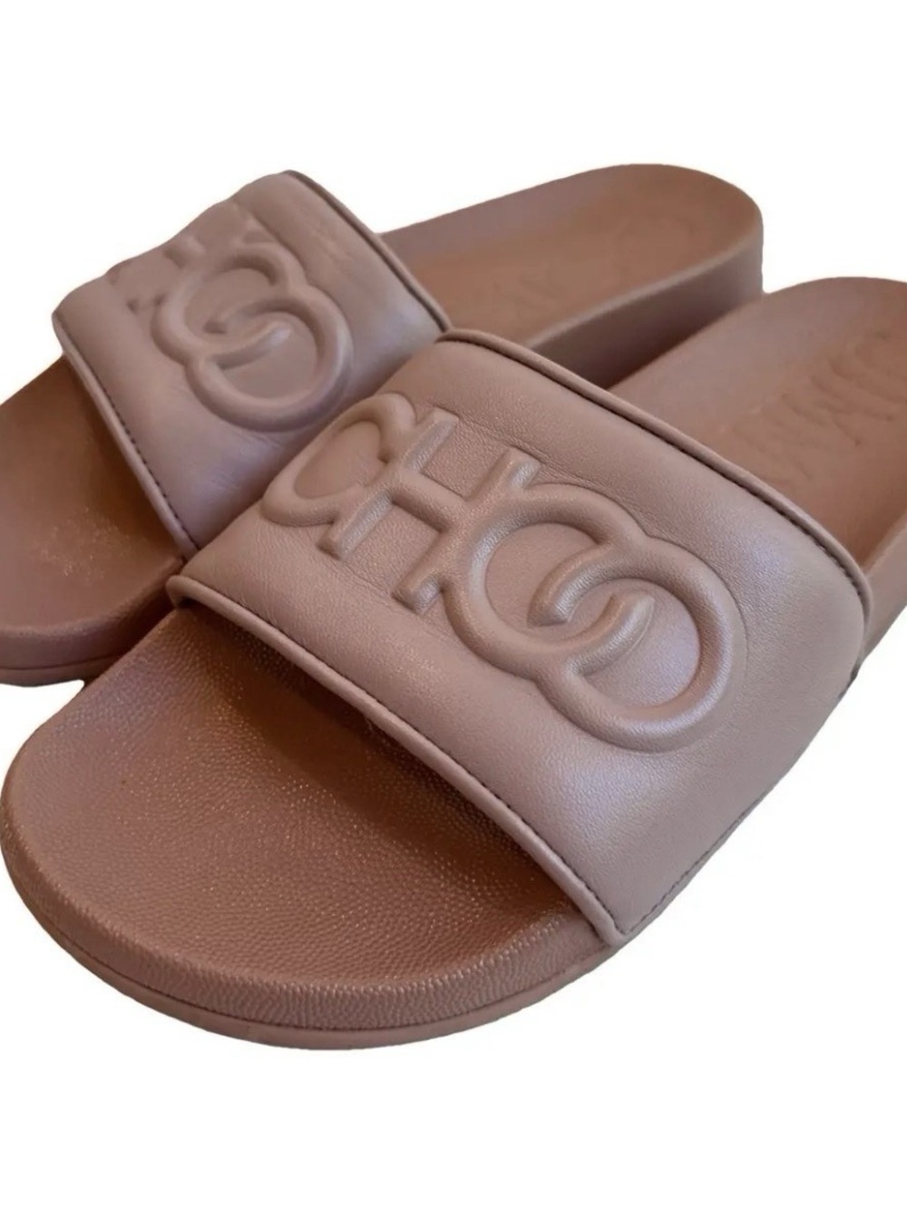 Authentic Jimmy Choo Taupe Brown Logo Slide Sandals